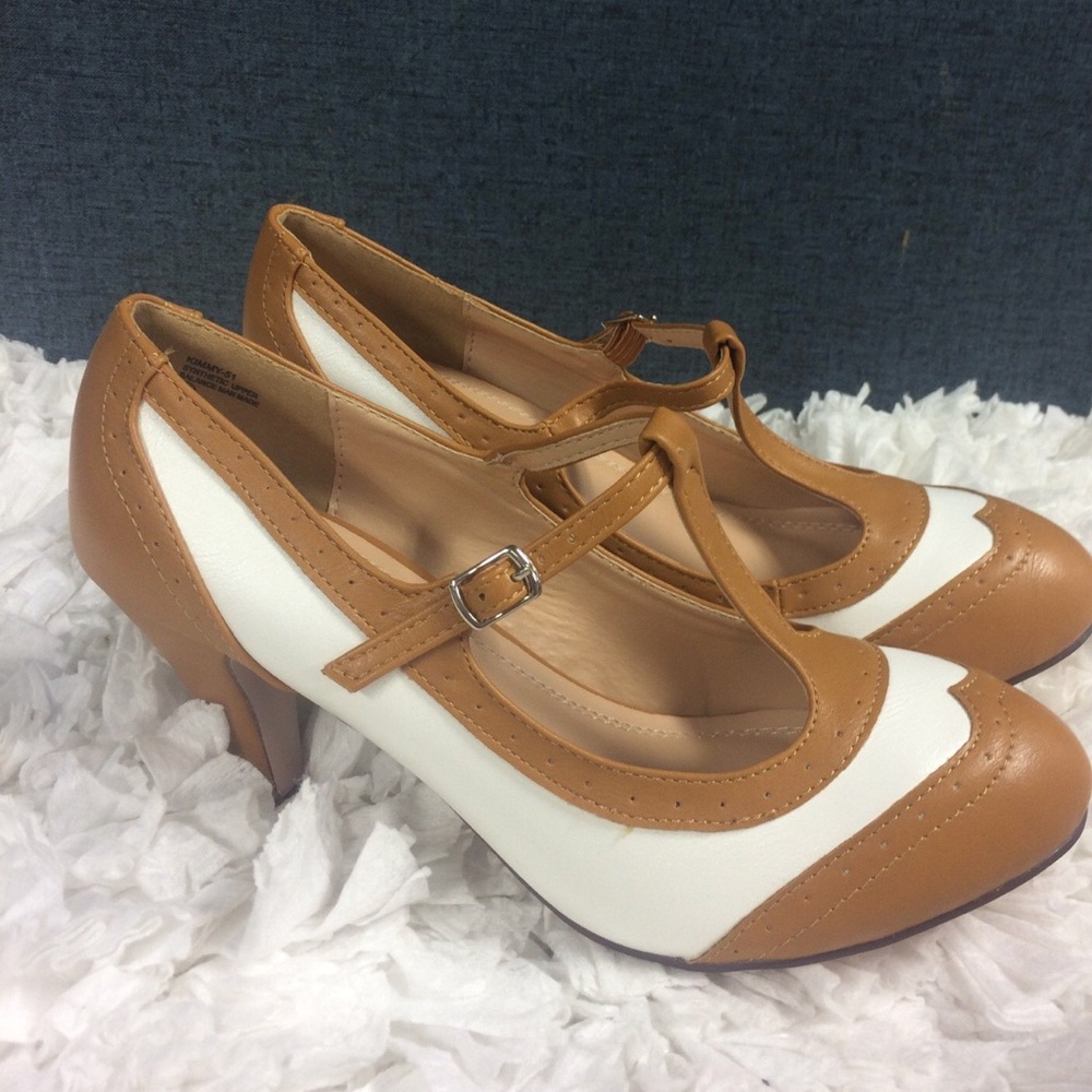 Chase & Chloe Retro Tan Cream Shoe Vintage Pinup - Picture 2 of 5
